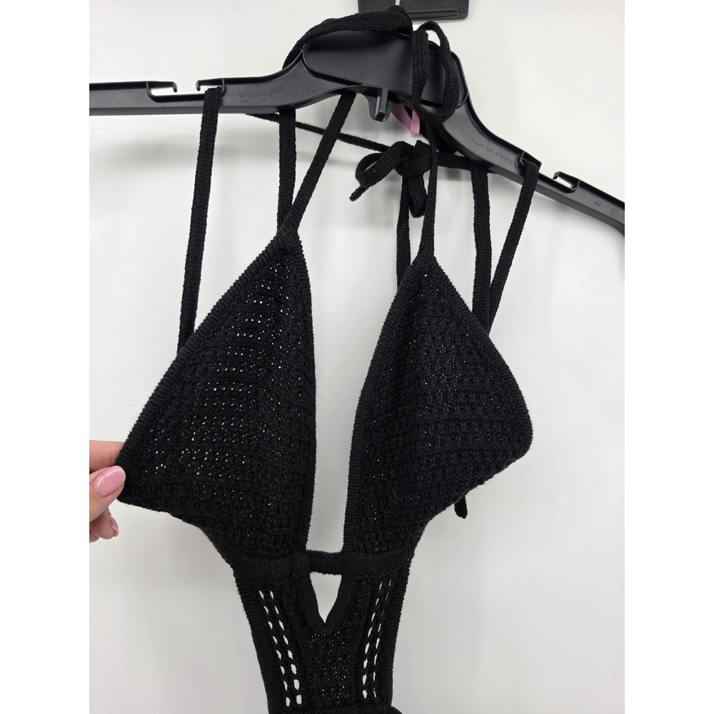 Babyboo Arabella Black Crochet Knit Halter Maxi Dress Cutout Backless Small - Picture 2 of 14